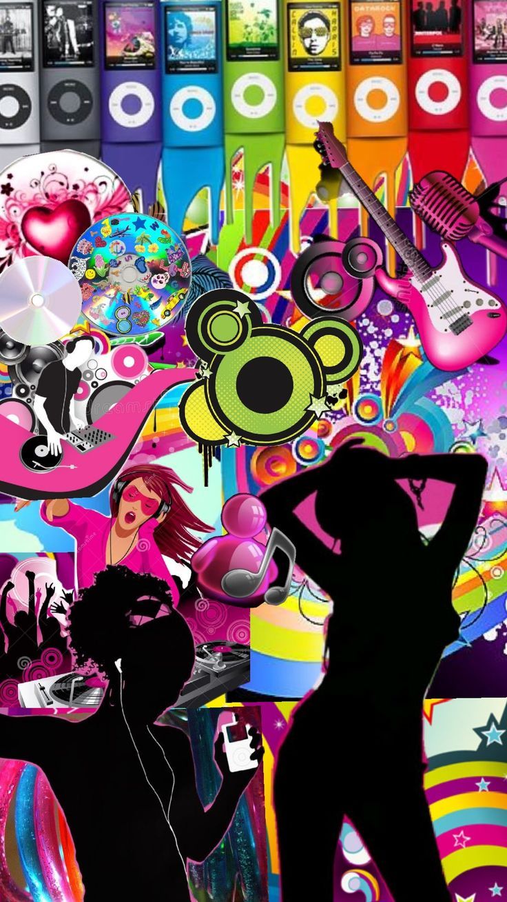 the silhouettes of two women dancing in front of an array of colorful wallpaper