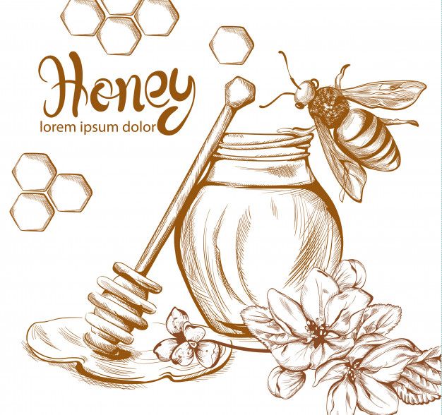 a honey jar with bees and flowers next to it on a white background, hand drawn illustration