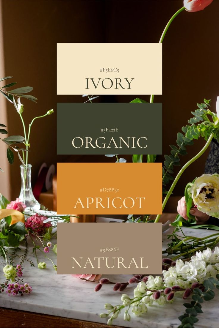 an arrangement of flowers and plants on a table with the words organic apricot