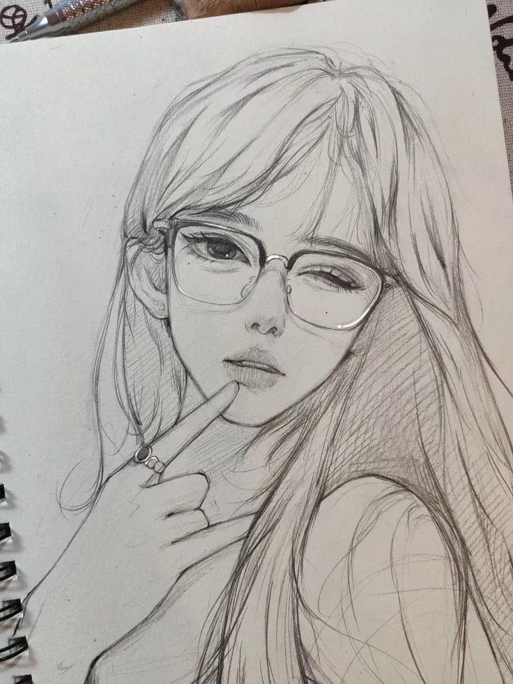 a pencil drawing of a girl with glasses on her face and hand near her chin