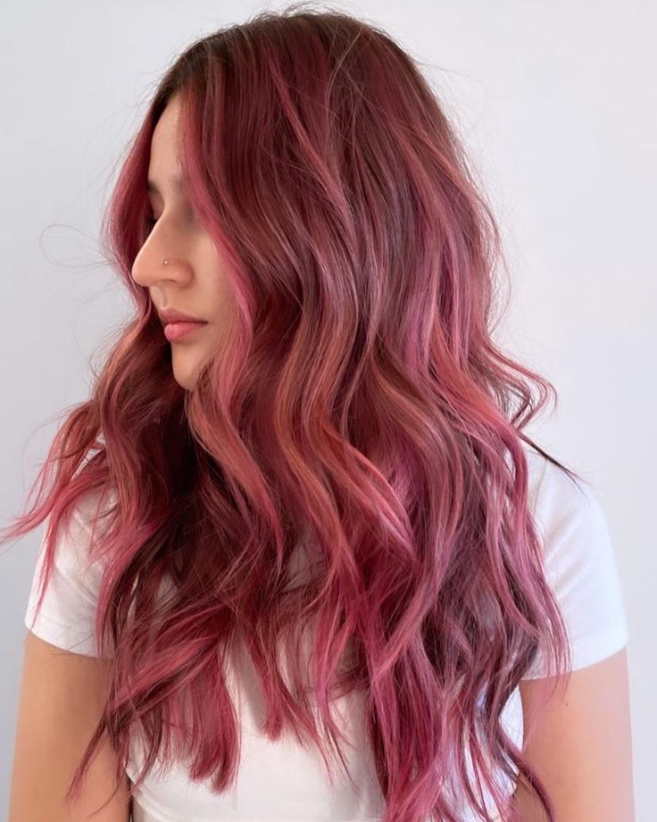 Brown And Raspberry Hair, Pink Balayage On Brown Hair, Auburn Pink Hair, Pink Hair No Bleach, Pink Hair 2024, Pink Highlights On Brown Hair, Warm Pink Hair, Red Hair With Pink Highlights, Strawberry Pink Hair