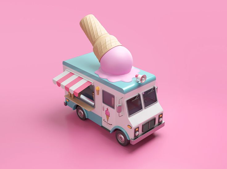 an ice cream truck is parked on a pink surface with a cone sticking out of the top