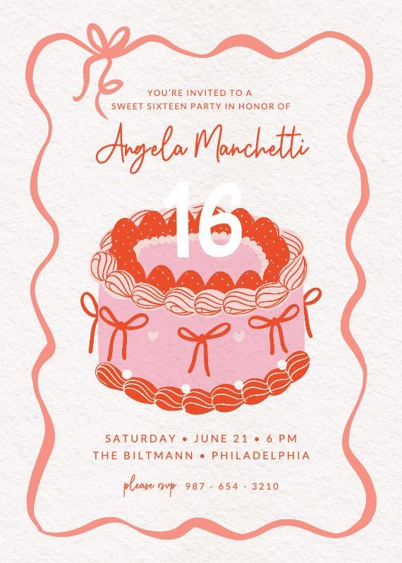 the sweet sixteen birthday party is set in pink and orange, with an ornate frame around it