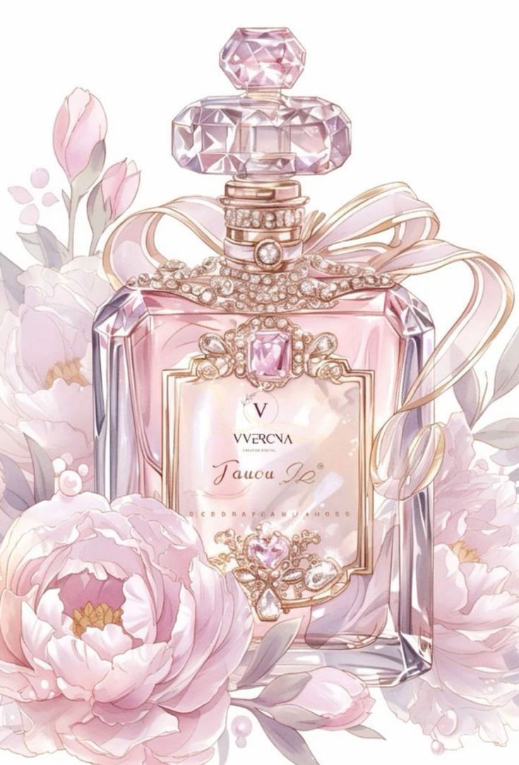 a pink perfume bottle surrounded by flowers