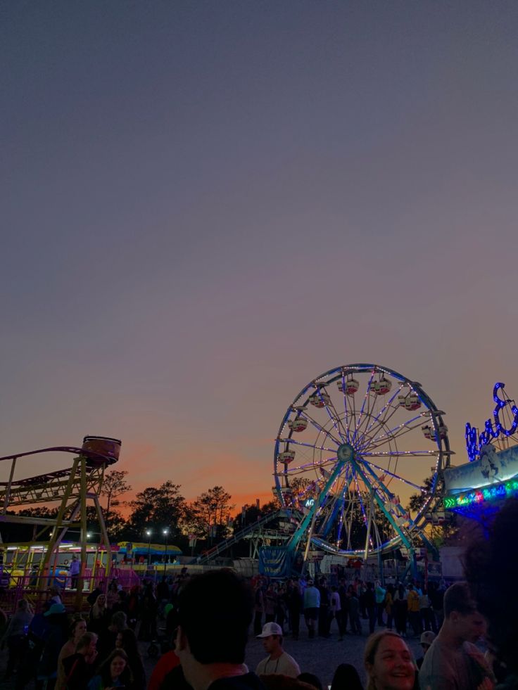 the ferris wheel is lit up at night with people standing around and watching it go by