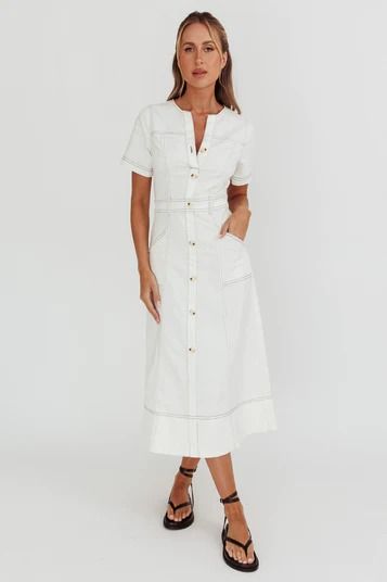 Shop the Aspen Love Front Pocket Midi Dress White | Selfie Leslie White Denim Dress, Midi Dress White, Selfie Leslie, White Midi Dress, Pocket Dress, Every Girl, White Denim, Dress White, Aspen