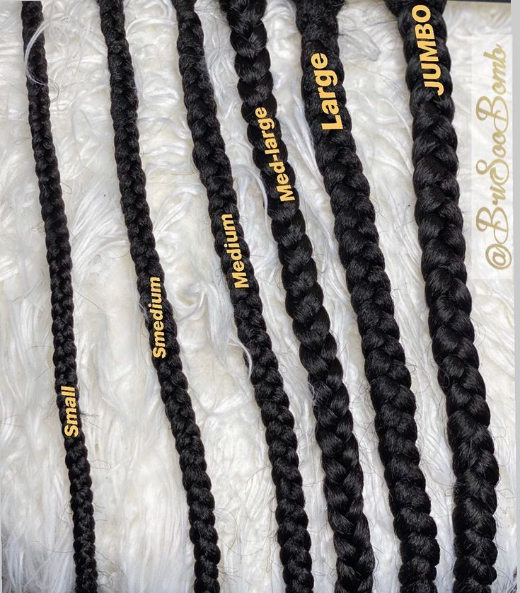 Different Box Braid Sizes, Braid Sizes Chart, Different Braid Sizes, Different Type Of Braids For Black Women, Different Size Braids, Smedium Braid Chart, Box Braid Length Chart, Box Braids Types, Knotless Braids Sizes