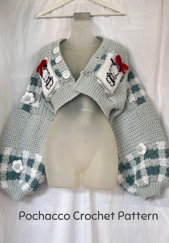 a white mannequin head wearing a gray sweater and red bow tie with the words pochaco crochet pattern on it