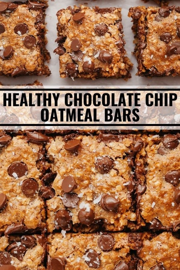 healthy chocolate chip oatmeal bars stacked on top of each other with text overlay