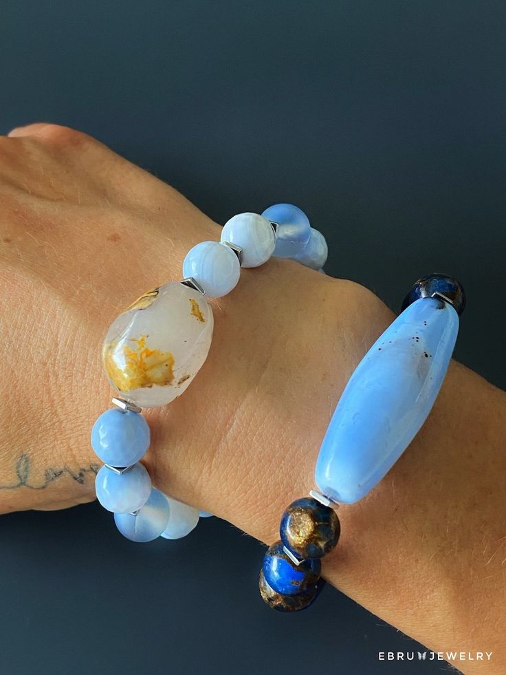 Ocean Inner Peace Bracelet Set - EBRU JEWELRY Agate Natural Stone Bracelets For Meditation, Agate Bracelets With Natural Stones For Meditation, Elegant Agate Beaded Bracelets For Healing, Elegant Gemstone Beaded Bracelets For Beach, Elegant Gemstone Beads Bracelets For Beach, Blue Natural Stones Beaded Bracelets For Meditation, Elegant Handmade Crystal Bracelet For Meditation, Blue Spiritual Hand Wrapped Bracelets, Elegant Beach Beaded Bracelets With Gemstone Beads