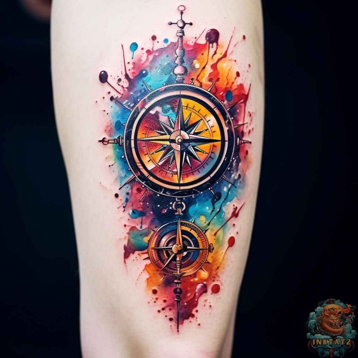 a colorful watercolor tattoo with a compass on it