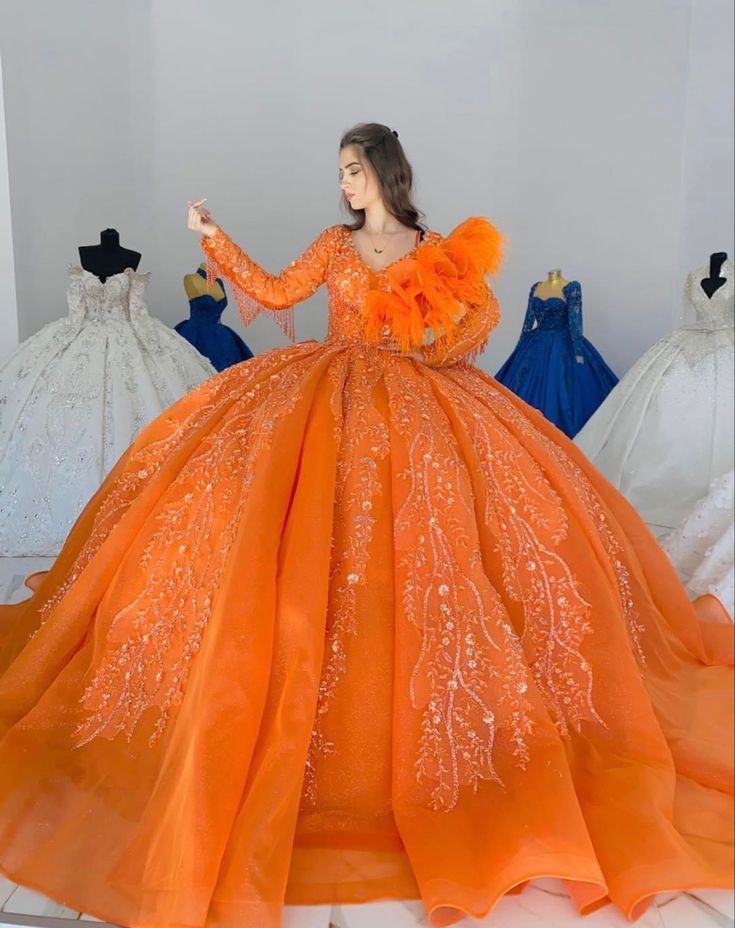 Orange Quince Dresses, Orange Quinceanera Dresses, Orange Ball Gown, Ball Gowns For Teens, Orange Wedding Dress, Cute Colorful Outfits, Orange Dress Wedding, Birthday Gowns, Orange Gown