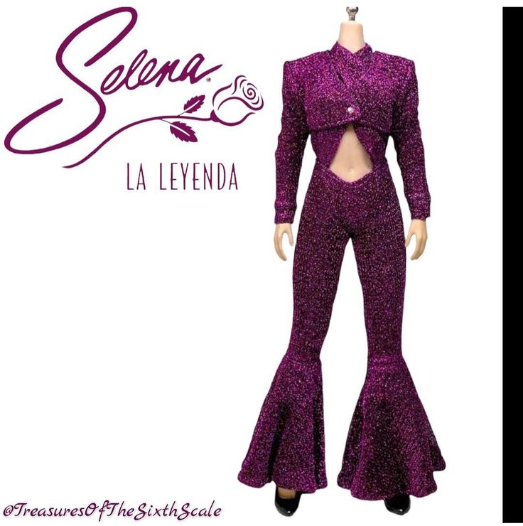 a mannequin wearing a purple outfit with long sleeves and bell bottoms, standing in front of a sign that says sema la leya