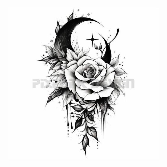 Rose with a Moon Tattoo Design Rose And Moon Tattoo Design, Moon And Flower Tattoo, A Moon Tattoo, Moon Tattoo Design, 2024 Tattoo, Printable Tattoos, Background Printable, Moon Tattoo Designs, Fresh Tattoo