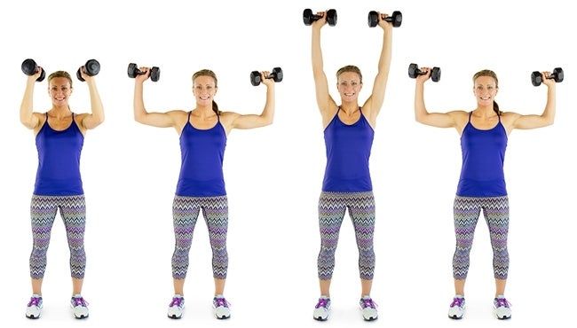 a woman is doing exercises with dumbbells in three different positions and holding two black dumbbells