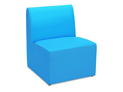 a blue chair sitting on top of a white floor