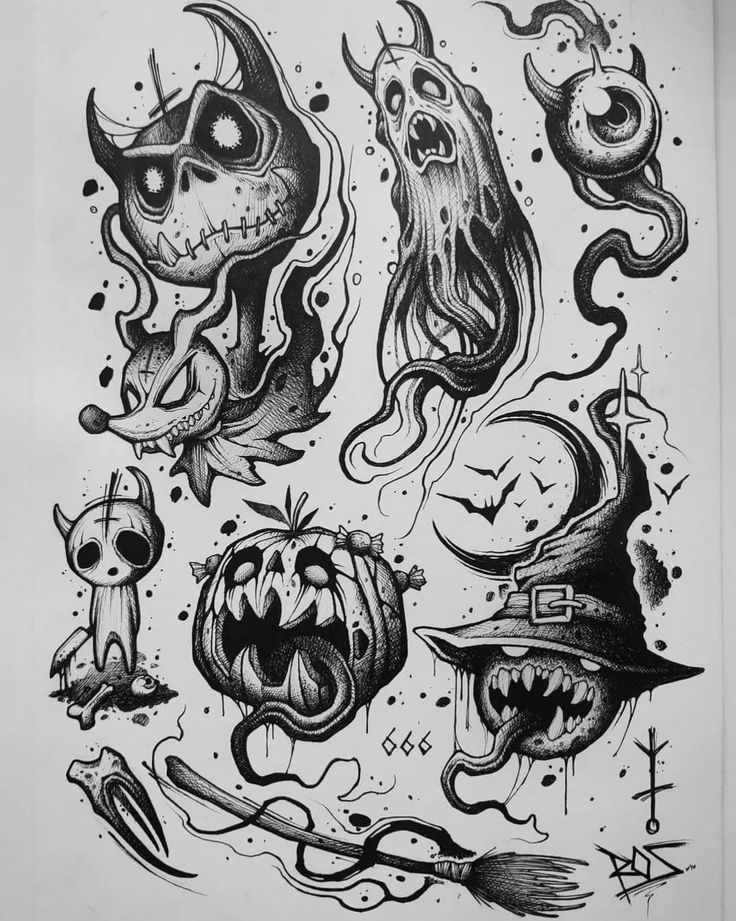 an ink drawing of halloween decorations and pumpkins with witches, skulls, and ghost faces