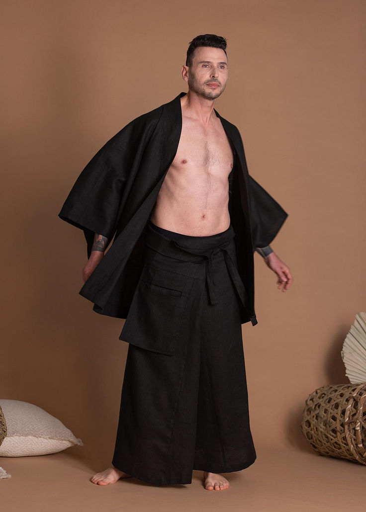 Men’s Linen Skirt TOKIO Haori Outfit, Long Linen Shirt, Linen Wrap Skirt, Long Linen Skirt, Haori Jacket, Skirts Outfits, Mens Linen Pants, Design Your Own Shirt, Outfits For Men