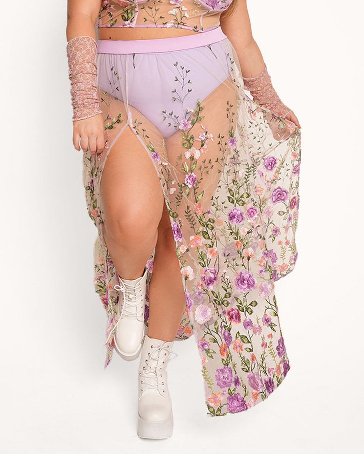 Secret Pathways Floral Maxi Skirt-Purple/White-Curve1-Front--Catherine---1X Body Chain Harness, Couples Accessories, Glitter Glasses, Festival Gear, Fairy Dresses, Floral Maxi Skirt, Glitter Hair, Floral Maxi, Bra Tops