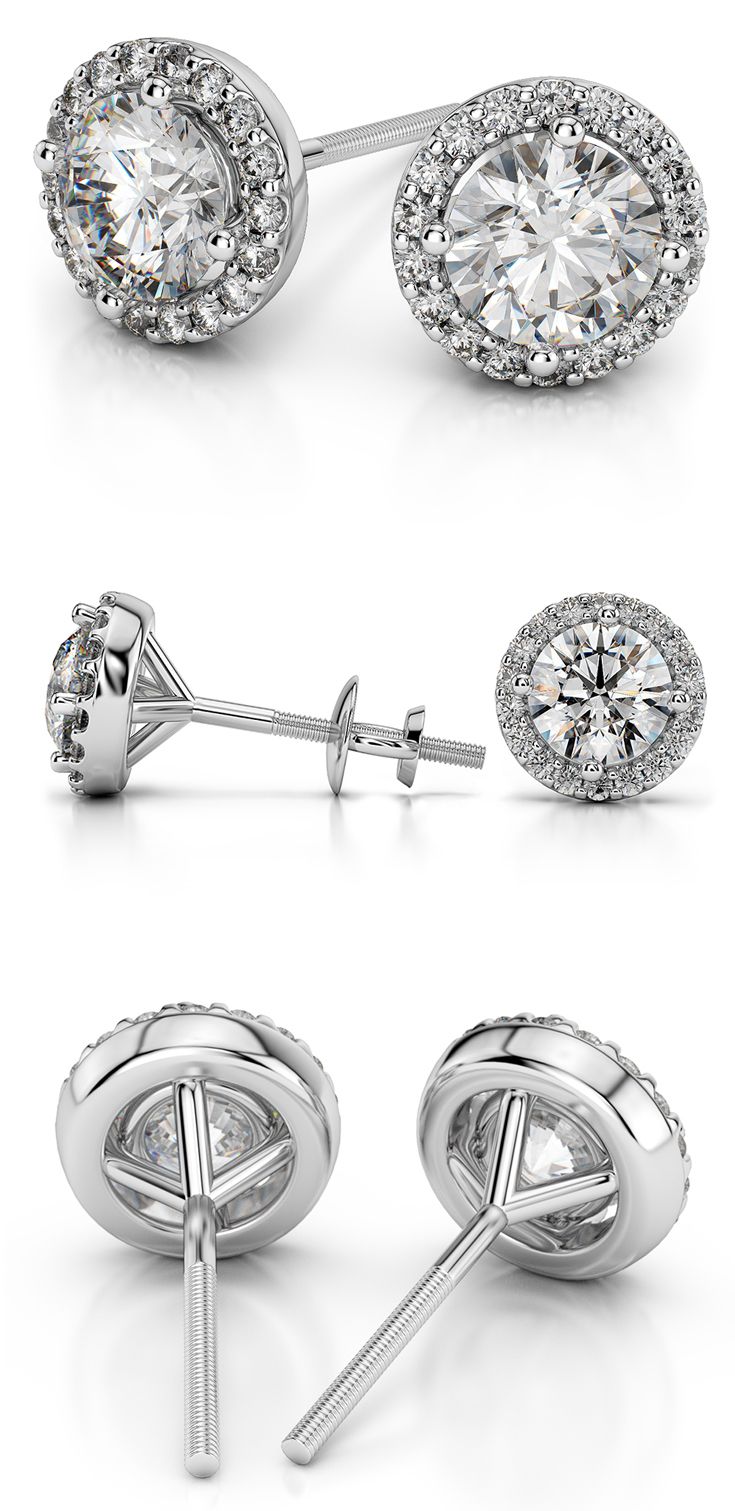 These beautiful diamond stud earrings feature two round cut diamonds in a white gold prong setting that are encircled in a halo of pave set diamonds. Each G color, VS2 clarity, Excellent cut center diamond weighs 0.36 carat, for a total diamond weight of 1 carat. Luxury Halo Diamond Earrings With Round Cut, Halo Diamond Earrings For Formal Occasions, Formal Round Halo Diamond Earrings, Fine Jewelry Halo Design Round Cut Earrings, Round Halo Design Formal Earrings, Formal Round Halo Design Earrings, Formal Round Halo Earrings, Formal Halo Design Round Earrings, Dazzling White Gold Earrings With Halo Setting