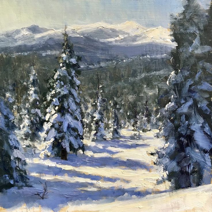 a painting of snow covered trees in the mountains