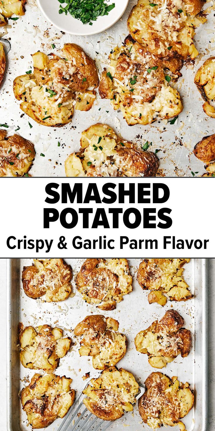 Crispy smashed potatoes with garlic parmesan Half Baked Harvest Smashed Potatoes, Pan Smashed Potatoes, Double Baked Smashed Potatoes, Crispy Garlic Smashed Potatoes, Crispy Garlic Parm Smashed Potatoes, Easy Party Potatoes Recipe, Potatoes Parmesan Garlic Oven Baked, Roast Parmesan Potatoes, Baking Soda Potatoes