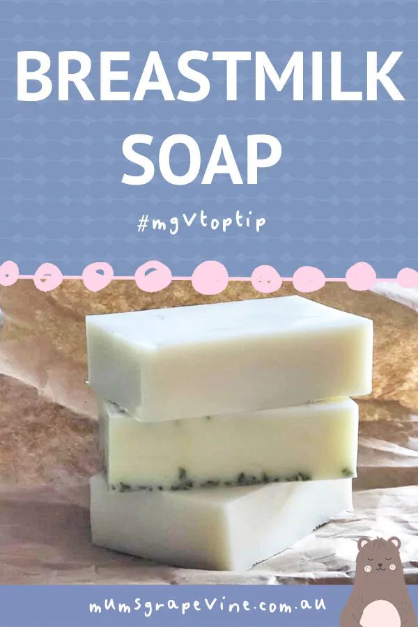 three bars of soap with the words breast milk soap on top and an image of a bear