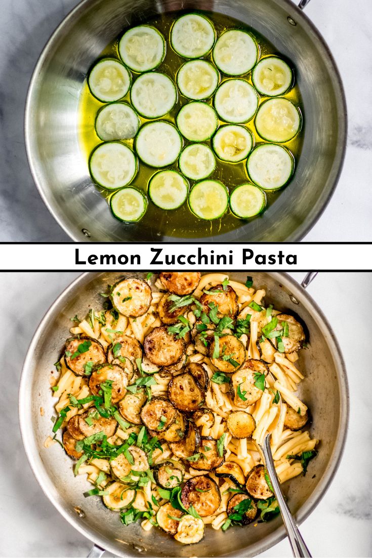 lemon zucchini pasta in a pan with sliced cucumbers