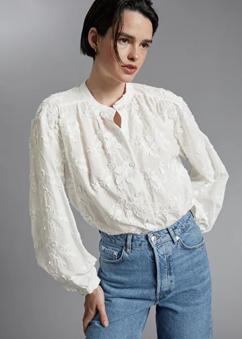 Voluminous Stand Collar Blouse - White Flower Embroidery - Blouses - & Other Stories US White Flower Embroidery, Applique Blouse, Stand Collar Blouse, White Blouses, Chic Blouses, Simply Chic, M Beauty, Embroidery Blouse, Blouse White