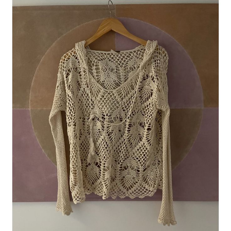 Gorgeous Old School Fp Crochet Sweatshirt So Hard To Let This One Go. Bohemian Long Sleeve Knitted Top, Vintage Long Sleeve Open Knit Tops, Casual Cream Crochet Long Sleeve Top, Beige Long Sleeve Crochet Cotton Top, Casual Long Sleeve Beige Crochet Top, Winter Cream Crochet Tops, Winter Crochet Cream Tops, Casual Winter Crochet Lace Top, White Hooded Knit Top