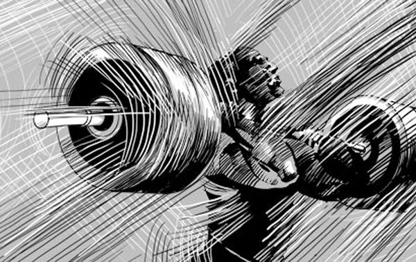 a drawing of a man lifting a barbell in front of an abstract background with lines