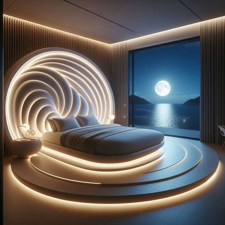 a large bed sitting next to a window in a bedroom under a moon lit sky