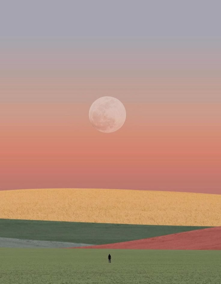 a lone person standing in the middle of a field under a full moon at dusk