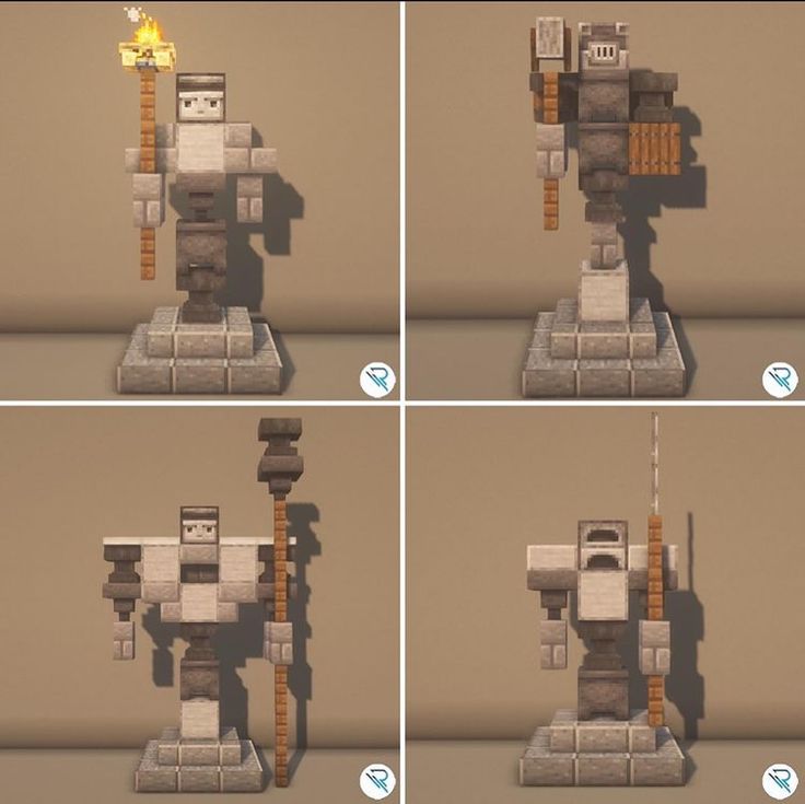 four different views of a robot made out of blocks and bricks with fire coming from its head