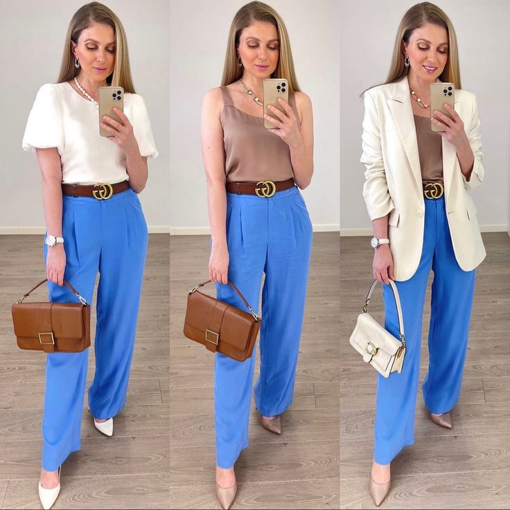 Light Blue Pants Outfit, Blue Pants Outfit, Slacks Outfit, Pants Outfit Work, Light Blue Pants, Casual Work Outfits Women, Casual Work Outfits, Work Outfits Women, Blue Pants