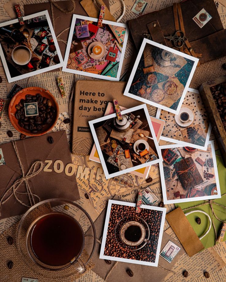 there are many pictures on the table with a cup of coffee