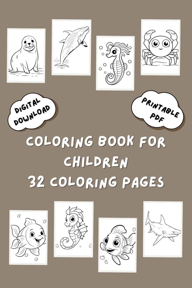 the coloring book for children with twelve different animals and sea creatures on it's cover