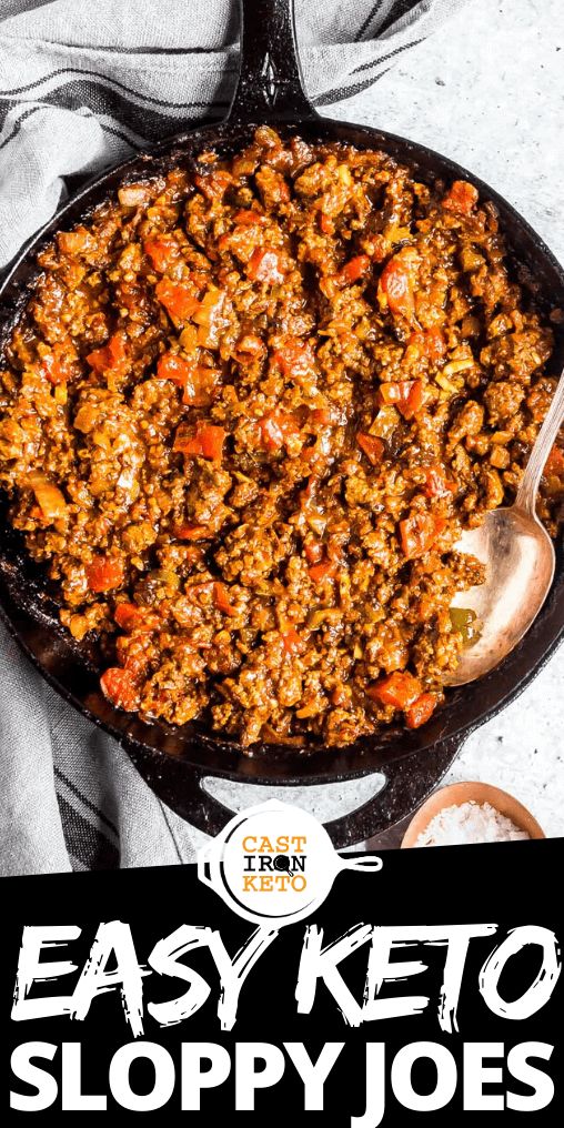 easy keto sloppy joes recipe in a cast iron skillet with text overlay