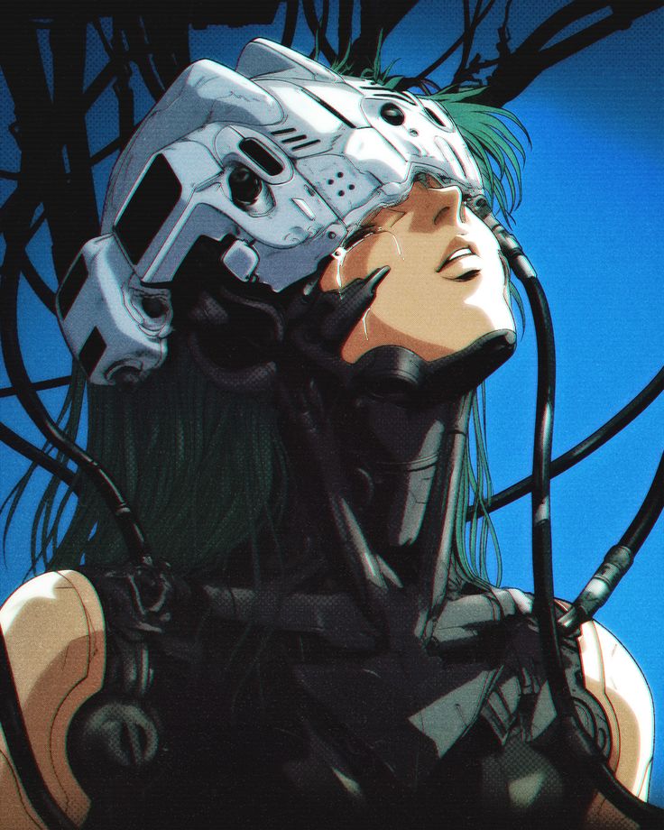 a woman with green hair wearing a futuristic helmet