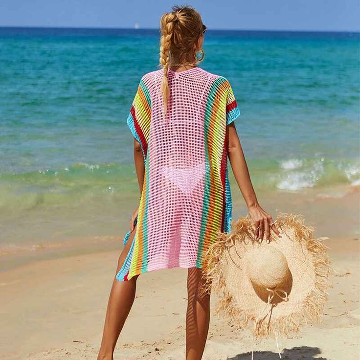 Beach Swimsuit Cover Up Bathing Suit Cover Ups Mesh Tassel Bikini Coverup Hollow Out Crochet Dress for Women K523 Acrylic + cotton blend Imported Hand Wash Only The fabric has some stretch Feature: long sleeve, hollow out, crochet cover up, cover ups for swimwear women Regular fit, swim cover-ups for women, crochet cover-ups for swimwear women, swimsuit cover-up Occasions: suitable for swimwear, beach, swimming pool, summer party, and vacation Please refer to the last image for the size chart (T Striped V-neck Swimwear For Beach, Striped Beach Dress For Vacation, Bohemian Multicolor Cover-up For Swimming, Summer Beach Dress, Striped, Tassel Swimwear For Poolside Summer, Summer Tassel Swimwear For Pool, Multicolor Short Sleeve Swimwear For Beach Season, Summer Poolside Swimwear With Tassels, Striped Beach Dress For Beach Season