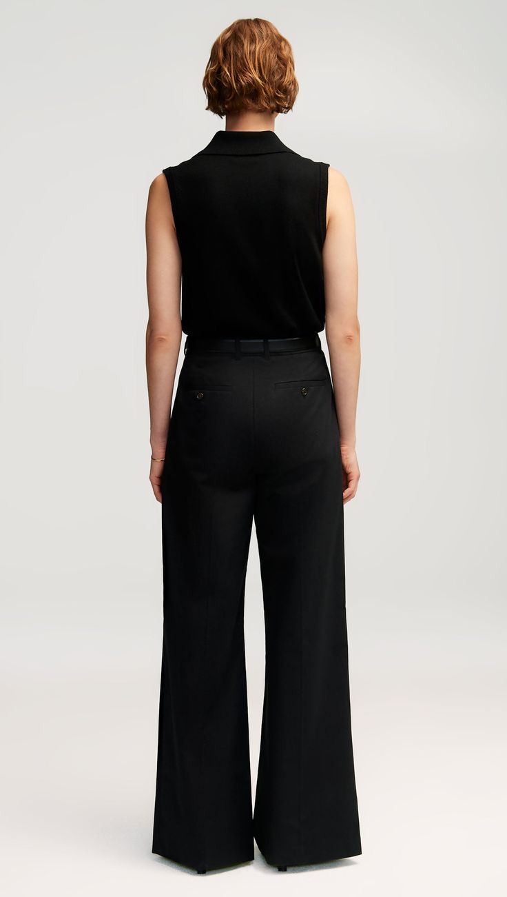 Argent: Single Pleat Trouser in Cotton Twill | Women's Pants | Argent Timeless Wide-leg Dress Pants For Business Casual, Timeless Wide Leg Dress Pants For Office, Chic Wide Leg Pants With Welt Pockets For Tailoring, Chic Wide Leg Pants With Welt Pockets, Timeless Wide-leg Workwear Pants, Timeless Wide Leg Workwear Pants, Timeless Wide-leg Office Pants, Classic Wide-leg Pantsuit, Timeless Wide Leg Pantsuit