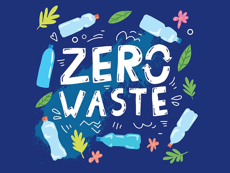 the words zero waste are surrounded by plastic bottles and leaves on a dark blue background