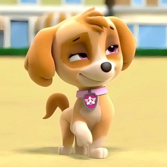 a cartoon dog with a pink collar is standing in the middle of a courtyard area