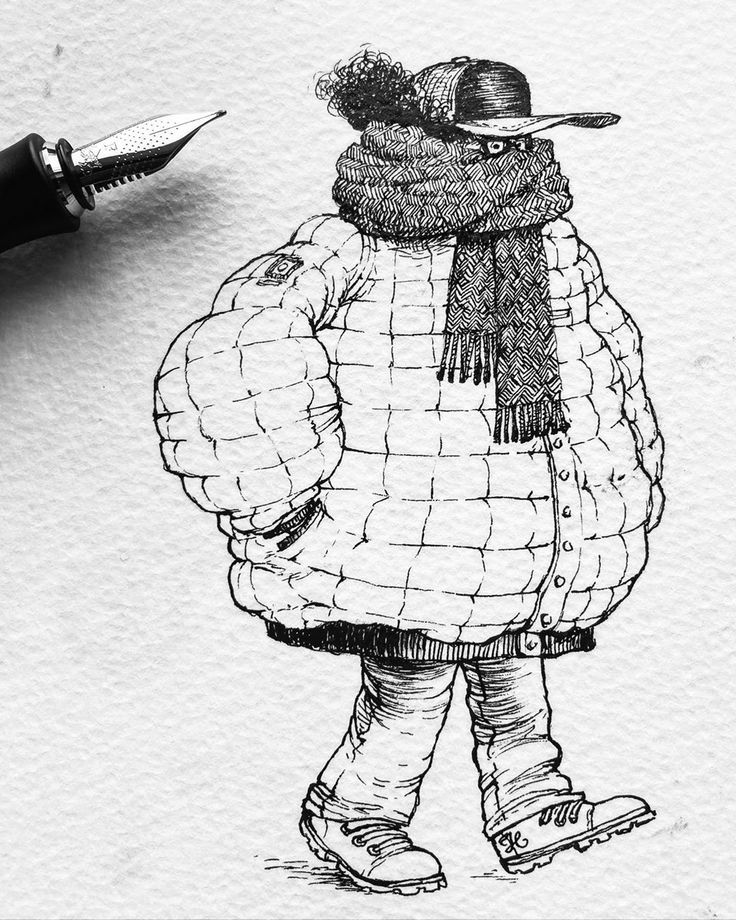 a drawing of a person with a hat and scarf on, standing next to a pen