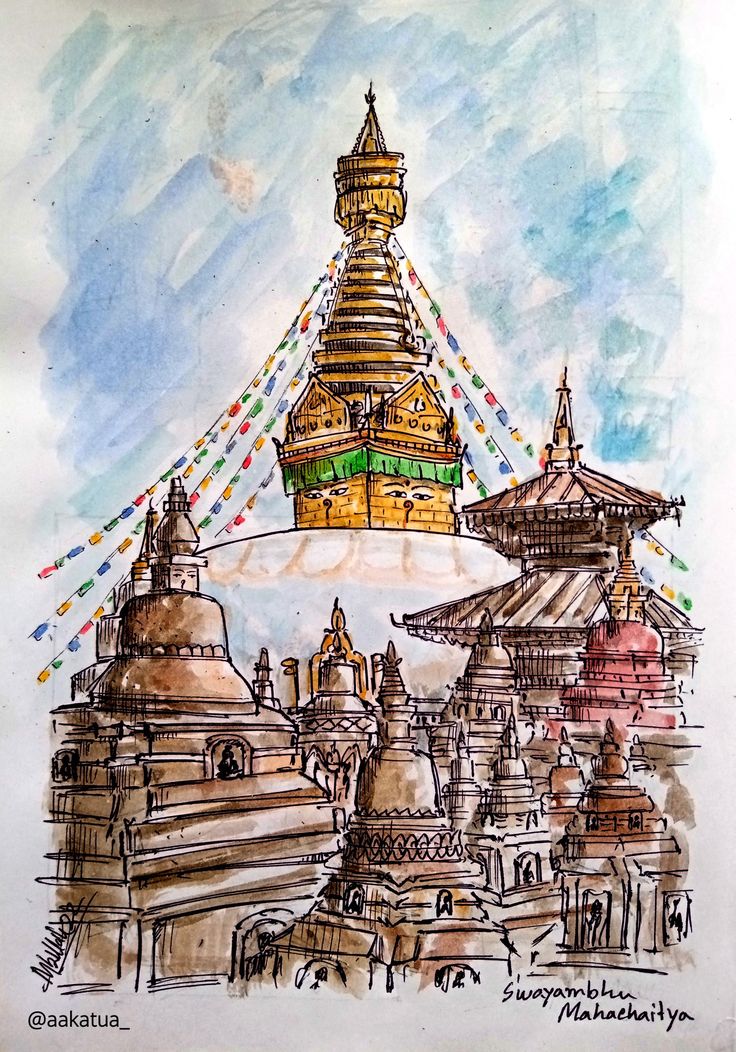 Buddha Temple Nepal Temple Drawing, Nepal Drawing, Buddhism Beliefs, Temple Drawing, Nepal Art, Emoji Drawings, Buddha Temple, Buddha Life, Buddha Painting