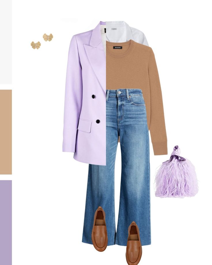 Elevate your winter fashion with seasonal layers in brown and purple. I love pairing a collared shirt and a crewneck sweater under a blazer like in this look. This fluffy purple handbag is so cute! Wide leg jeans, loafers, and cute gold earrings complete the look. #ootd #styleinspiration Purple Wide Leg Jeans, Cute Gold Earrings, Purple Wide Leg, Wide Leg Jeans Outfit, Purple Outfit, Purple Handbags, Purple Outfits, Collared Shirt, Crewneck Sweater