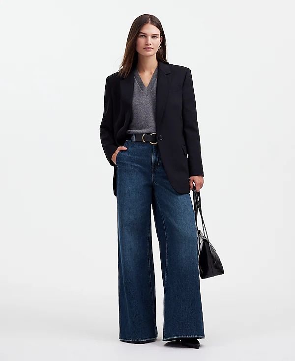 Wide Sweep Denim Trousers | Madewell Jean Trousers, Silk Maxi Skirt, Classic Skirts, Feminine Blouses, Ageless Style, Tailored Shorts, Argyle Sweater, Black Accessories, Colored Pants