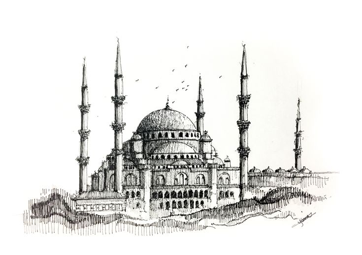 an ink drawing of the blue mosque in turkey