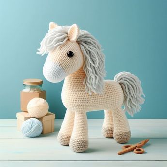 a crocheted toy horse next to yarn and scissors