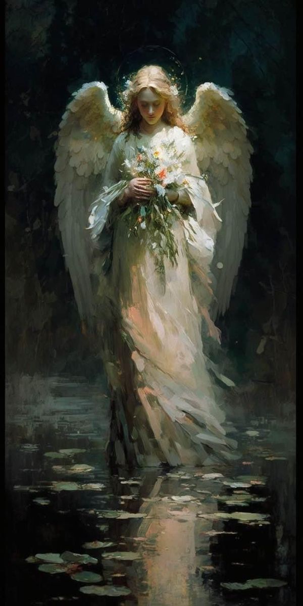 an angel standing in the water holding flowers